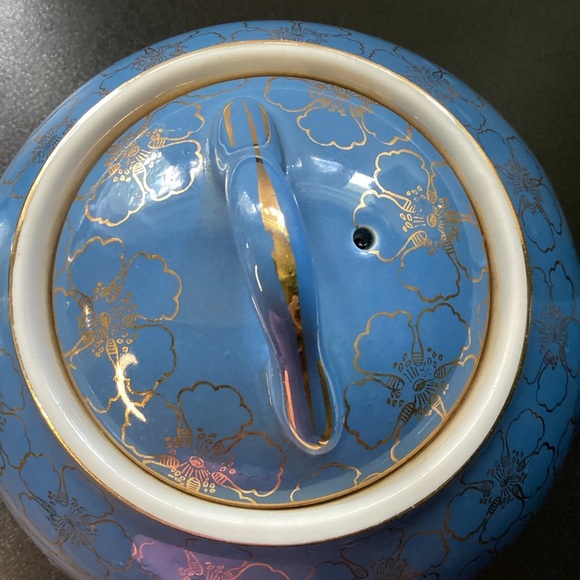 Hall Teapot French Flower Cadet Blue Periwinkle Gold Trim Vintage 1950s - Picture 9 of 14